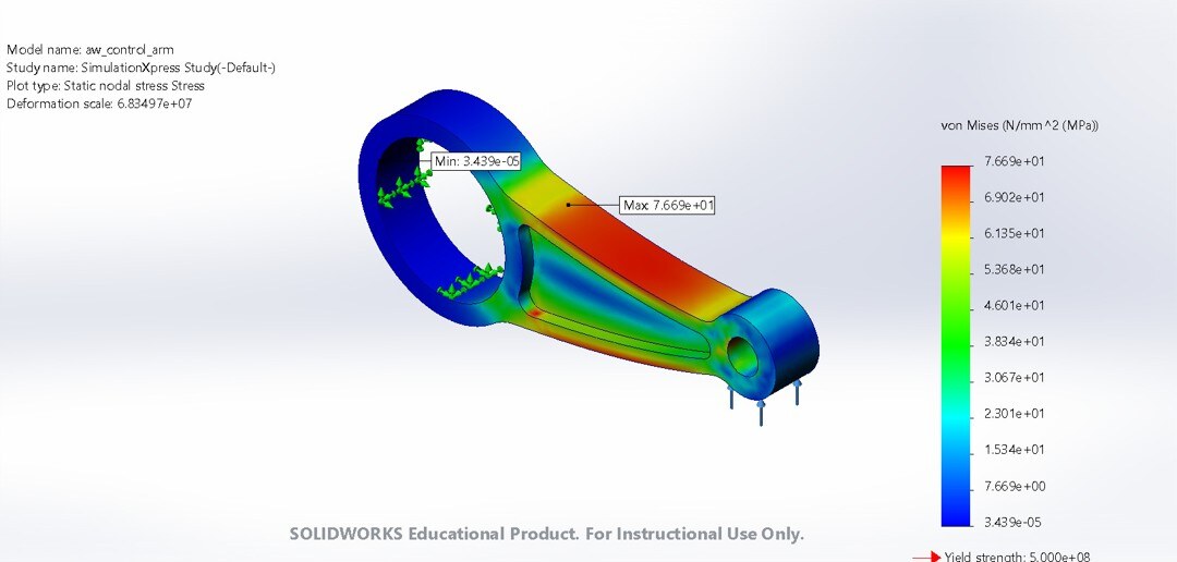 SolidWorks static stress study of a control arm, von Mises stress plot